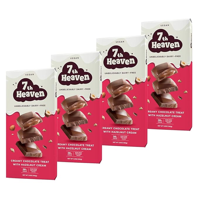 7th Heaven Vegan Soy Milk Chocolate Bars: Hazelnut Cream - (3.5 oz - 4 Pack) Healthy Chocolate Perfect Valentines Gift For Your Loved Ones 100% Dairy Free Non GMO Kosher Parve Cruelty Free Fai