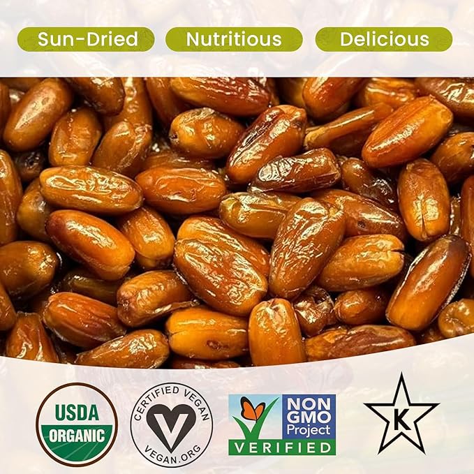 Organic Pitted Dates | 100% Algerian Deglet Noor| Certified ORGANIC NON-GMO VEGAN KOSHER naturally sweet and Gluten-free NO sugar added NO sulfurs or preservatives Nut-Free. (19.84 BULK)