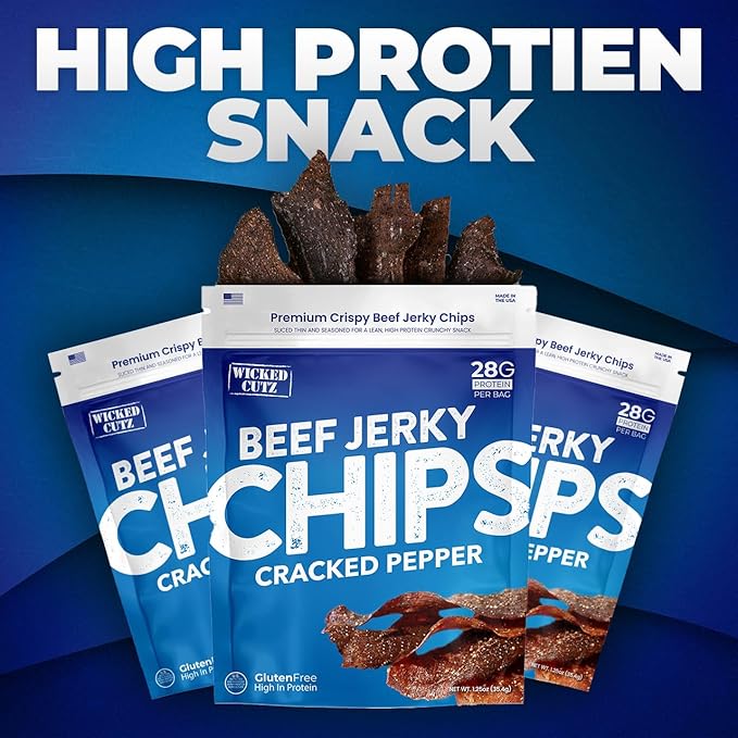 Wicked Cutz Cracked Pepper Beef Jerky Chips 28g Protein per Bag Crispy &amp Crunchy Beef Jerky Crisps USA Made Pepper Flavored Chips High Protein Carnivore Snacks (4 Bags)