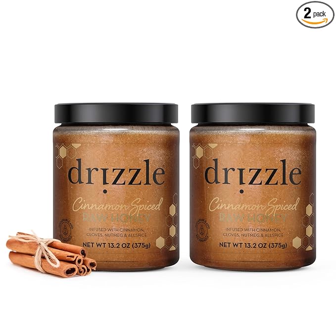 Drizzle Cinnamon Spiced Raw Honey - All Natural Pure Raw Honey with Organic Cinnamon Unfiltered Use in Tea &amp Coffee Sugar Substitute Certified Kosher - 13.2 oz Jar (375 g) Pack of 2
