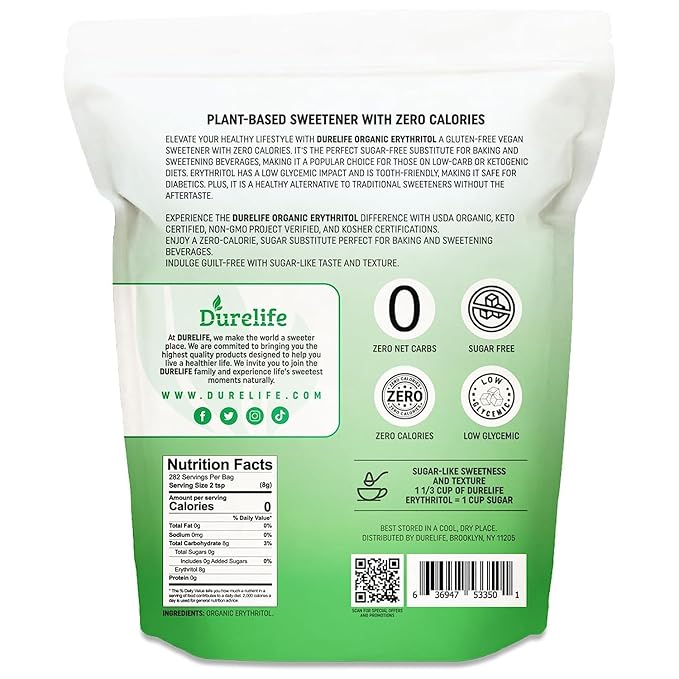 Durelife USDA organic erythritol sweetener non gmo verified Keto certified No After Taste Kosher Zero Calorie Plant-Based Sugar Alternative 5 LB