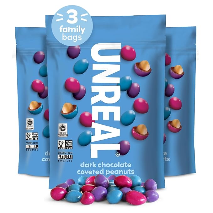 UNREAL Dark Chocolate Peanut Gems | Vegan with Colors from Nature | Fair Trade Non-GMO &amp Gluten Free Ingredients | No Sugar Alcohols or Soy (Dark Peanut Gems 1 Value Bag (Pack of 3))