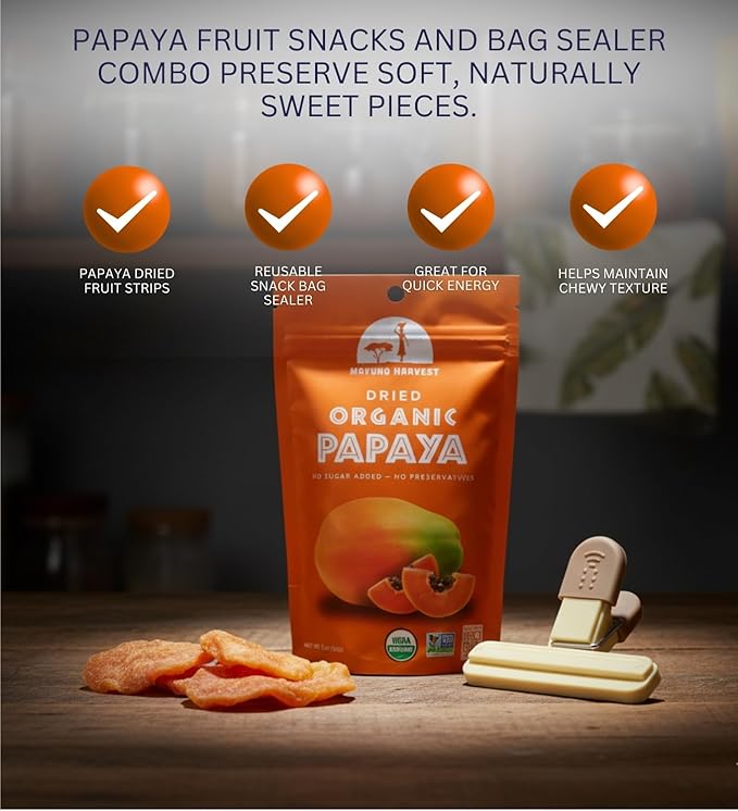 Mavuno Harvest Fruit Dried Papaya Org – 6 pack (2 OZ each) – Snack Bundle for Everyday Treats &amp Sharing – Chewy Texture – Pure Papaya Flavor – Resealable Pack with 1 of 3 Assorted Accessories