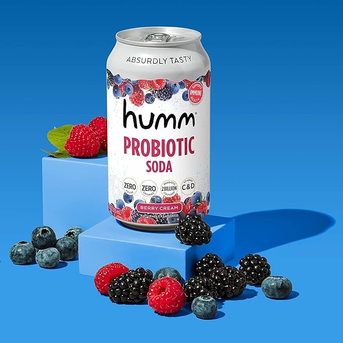 Humm Sparkling Probiotic Berry Cream Soda Zero Sugar Zero Calorie 2 Billion Probiotics Vitamin C D and B12 12 fl oz (12 Pack)