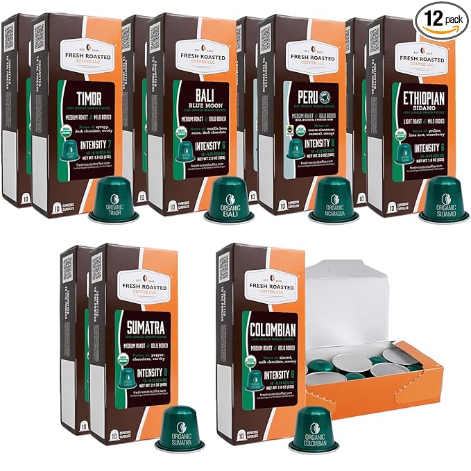 Fresh Roasted Coffee Organic Single-Origin Variety Espresso Pods for Nespresso OriginalLine | USDA Organic Kosher | 120 Recyclable Aluminum Capsules