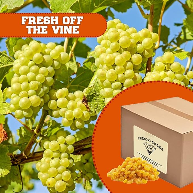 Raisins Crop year 2024 Fresh Bright Yellow Golden seedless Sun-Dried Naturally Sweet Nutritious Packed in a 10 lbs. (160 oz.) Packed in a box by Presto Sales LLC