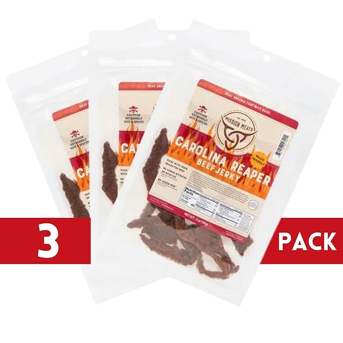 Mission Meats Carolina Reaper Jerky from 100% Grass Fed &amp Pasture Raised Beef Caution: Extremely Spicy Small Batch Hand Crafted Gluten Free 2oz (Pack of 3)