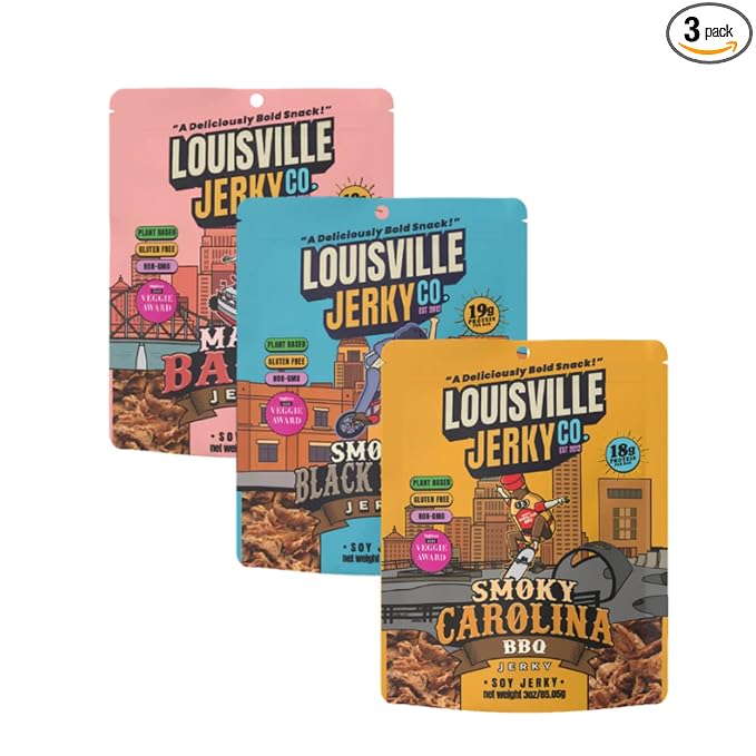 Louisville Vegan Jerky Co. Best Sellers 1 Variety Bundle Vegan Jerky 3 oz. 3 pack (Smoky Carolina BBQ Smoked Black Pepper Maple Bacon)