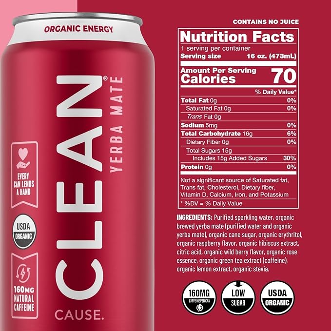 CLEAN Cause Low Calorie Variety Pack Yerba Mate Tea Sparkling USDA Organic Energy Drink Alternative Low Sugar 160mg Natural Caffeine Soda Alternative Plant-Based (16oz cans 12-Pack Case 4 Flavo