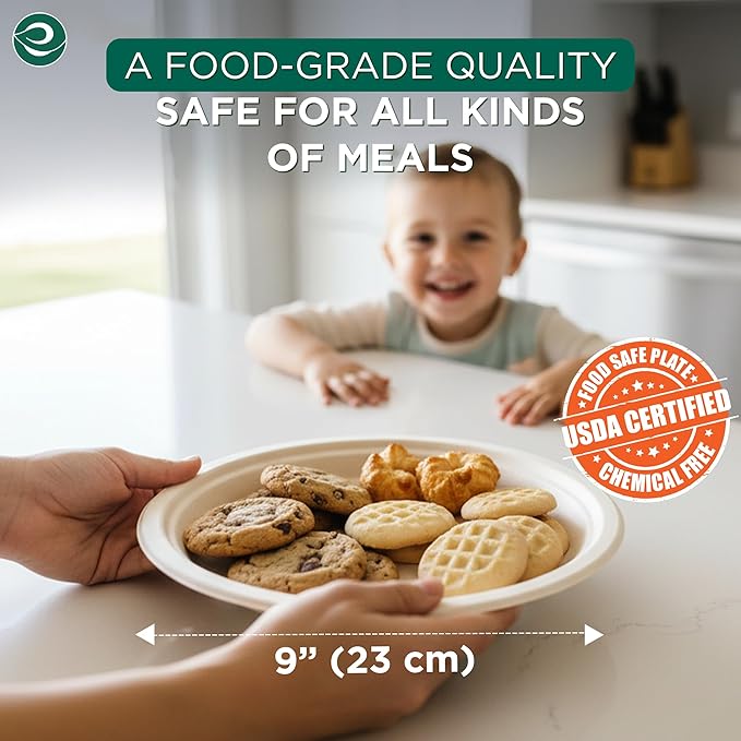 ECO SOUL 9 Inch Compostable Disposable Paper Plates [400 Pack] Food Safe 100% Virgin Bagasse Pulp Heavy Duty Biodegradable Microwave Safe Large Round Dinner Plate for Party Picnic &amp BBQ (Brown)