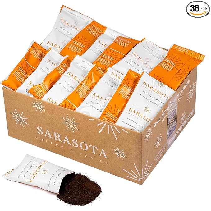 Butter Pecan Coffee Packs – Southern Texas Flavored Ground Coffee Packets | Gourmet Medium Roast Low Acid Mold Free | Pre-Measured 2.5 oz Single-Pot Fractional Packs for 12 Cup Brewers 36 Count – S