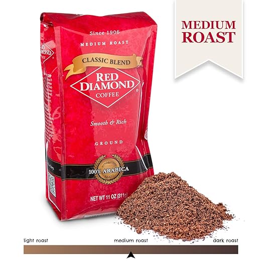Red Diamond Ground Coffee | Classic Blend | Medium Roast | Arabica Beans | Smooth &amp Rich Flavor | 11 Ounce Resealable Bags (4 Pack)