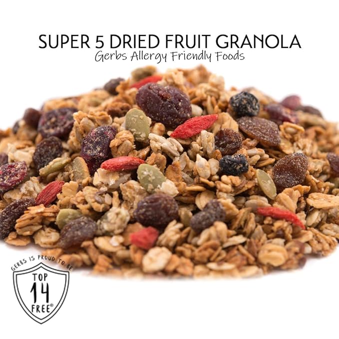 Gerbs Super 5 Fruit Granola 2 LBS - Top 14 Food Allergy Free &amp Non GMO - Unsulfured &amp Keto Safe - Cranberry Blueberry Goji Berry Cherry Raisin