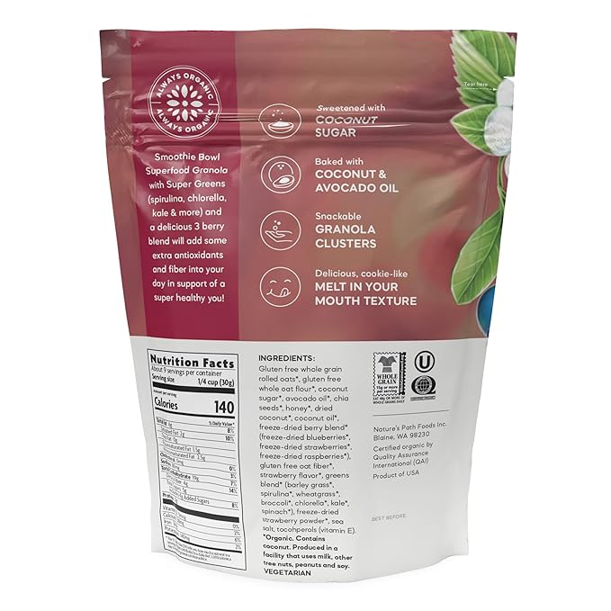 Nature's Path Organic Superfood Smoothie Bowl Granola 9.5 oz (Pack of 6) with Berries &amp Super Greens Gluten Free Non-GMO