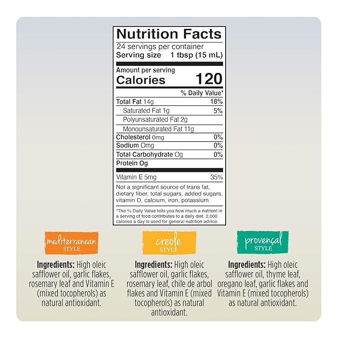 Oleico Gourmet -Infused High Oleic Non GMO Certified Kosher Verified Expeller Pressed High Heat Stable Safflower Oil Assorted Style Creole Provencal and Mediterranean Bottle of 12 fl oz (Pack o
