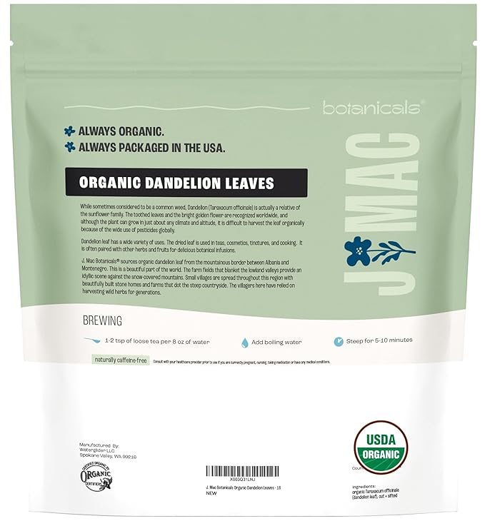 J Mac Botanicals Organic Dandelion Leaves (16 oz bag) USDA Certified Organic Dandelion leaf tea te diente de leon organico Packaged in the USA Cut and Sifted No Caffeine Fresh dried dandelion