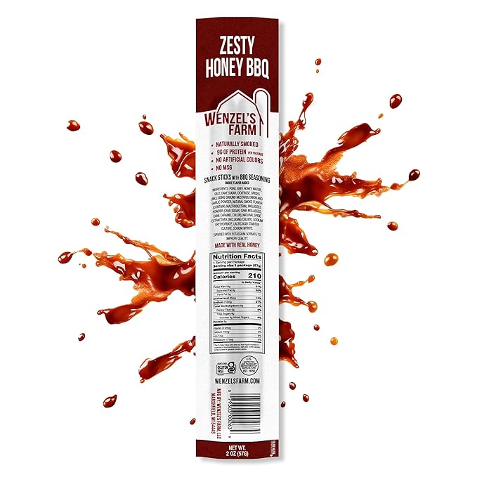 Wenzel’s Farm Zesty Honey BBQ Sticks │Supports Active Lifestyles│ Flavorful Naturally Smoked │ High Protein Low Carb │ No MSG Fillers Binders Artificial Colors │ Gluten Free | 32 sticks (16 packs