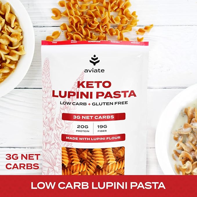 Aviate Keto Pasta Rotini - Low Carb (3g Net) Lupini Noodles High Protein (20g) Gluten-Free Made with Lupin Flour Plant Based Vegan Keto-friendly Low Carb - Rotini (8oz) (Pack of 3)