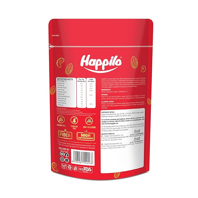 Happilo Premium Californian Dried and Sweet Sliced Cranberries 200g | Real dried fruit | High Antioxidants Dietary Fiber | Healthy Sweet Treats