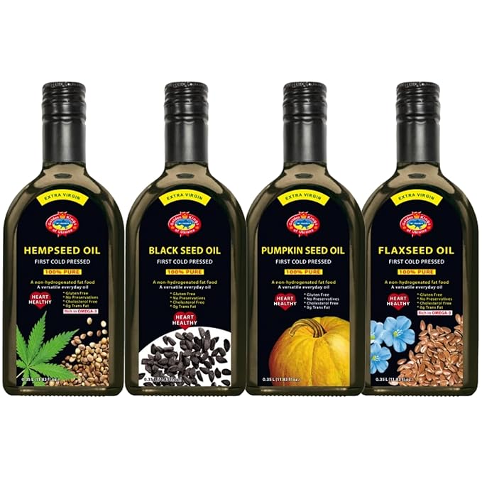 Natural Cold-Pressed Oil Variety Pack – Black Cumin Pumpkin Hemp &amp Flaxseed – Extra Virgin Unrefined Glass Bottles – 4 x 11.83 OZ – Ideal for Cooking