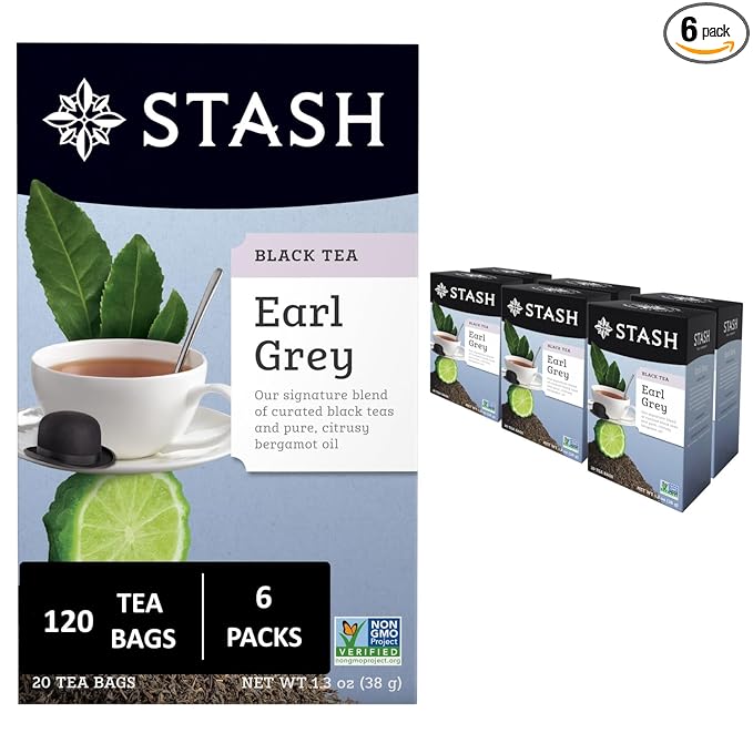 Stash Tea Earl Grey Black Tea - Caffeinated Non-GMO Project Verified Premium Tea with No Artificial Ingredients 20 Count (Pack of 6) - 120 Bags Total