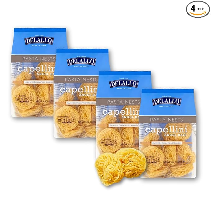 DeLallo Capellini Angel Hair Pasta Nests Made in Italy Made with Durum Wheat Semolina Flour All Natural Kosher Non-GMO 8.82 oz Bag (4 Pack)