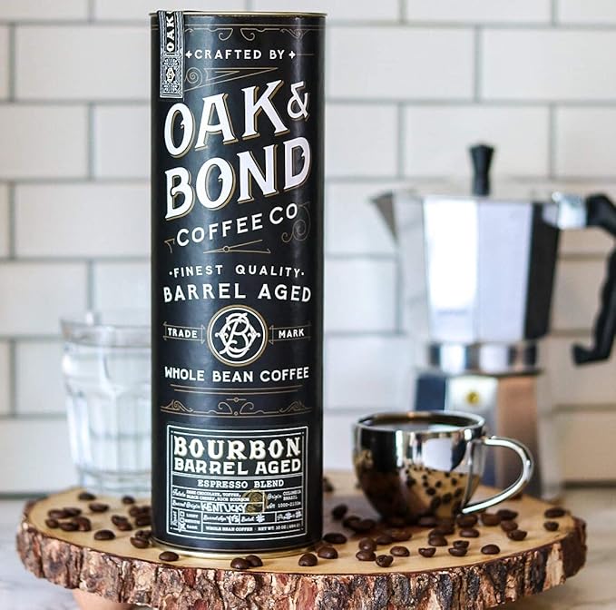 Espresso Bourbon Barrel Aged Coffee Colombia &amp Brazil Blend Whole Bean Arabica Dark Roast w/ Chocolate Black Cherry Toffee Rich Kentucky Bourbon &amp Oak Flavors by Oak &amp Bond Coffee Co