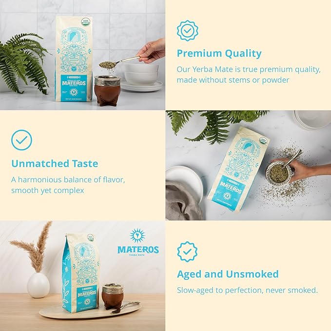Materos Premium Loose Leaf Yerba Mate Tea - Organic Unsmoked Smooth Traditional Taste from South Brazil - Medium Cut Ideal Hot Drink for Cold Weather Pure Natural Energy &amp Focus - 2 LBs