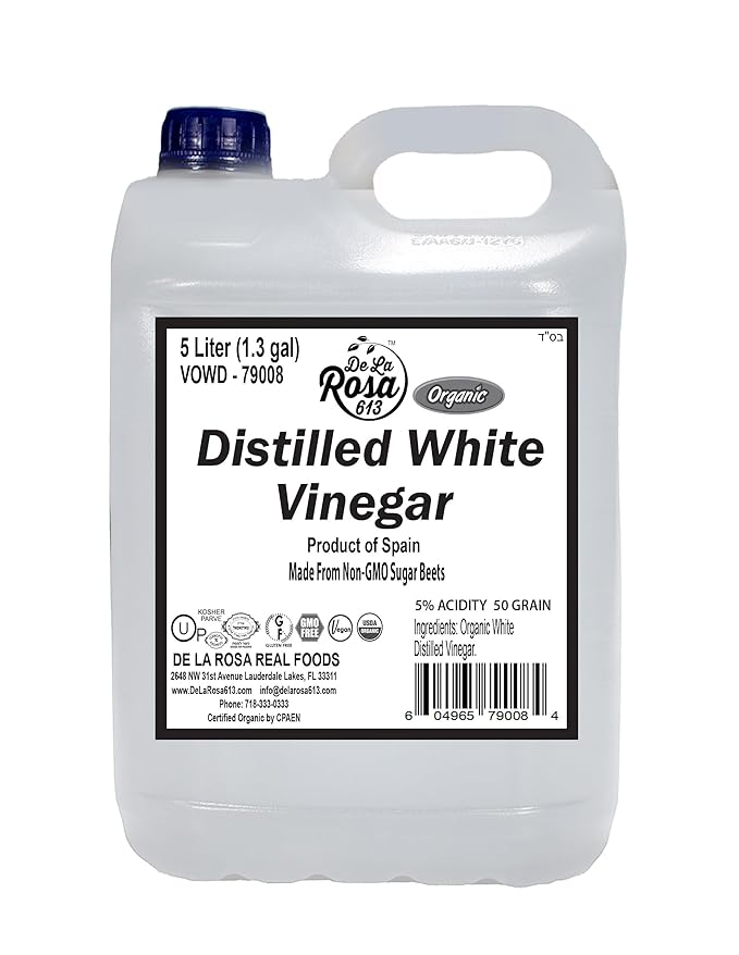 De La Rosa Organic Distilled White Vinegar Raw &amp Unfiltered Kosher for Passover Vegan &amp Gluten Free Great for Salad Dressing Marinades White Distilled Vinegar 5 Liter (Pack of 1)