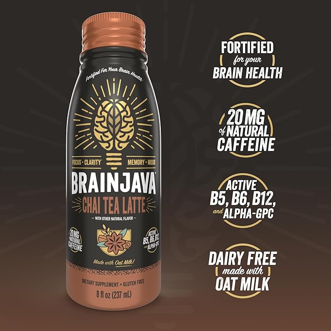 BrainJava Oat Milk Chai Tea Latte Ready to Drink Beverage With L-Theanine Vitamin C Vitamin B and Potassium for Daily Balance and Wellness Naturally Caffeine Free Black Tea With Spices 8 Fl Oz