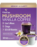 VitaCup Mushroom Coffee Pods Vanilla Flavored Coffee with Chaga Lion’s Mane Vitamins Medium Dark Roast Arabica Beans Single Serve Pods Compatible with Keurig K-Cup Brewers 64 Ct