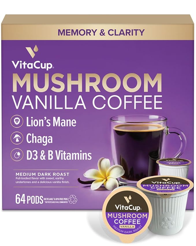 VitaCup Mushroom Coffee Pods Vanilla Flavored Coffee with Chaga Lion’s Mane Vitamins Medium Dark Roast Arabica Beans Single Serve Pods Compatible with Keurig K-Cup Brewers 64 Ct