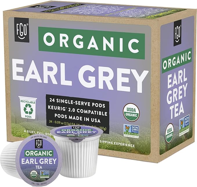 FGO Organic Earl Grey Tea K-Cup Pods for Keurig 24 Count (Pack of 1) Premium Black Tea is USDA Organic Non-GMO &amp Recyclable with Naturally Occurring Caffeine
