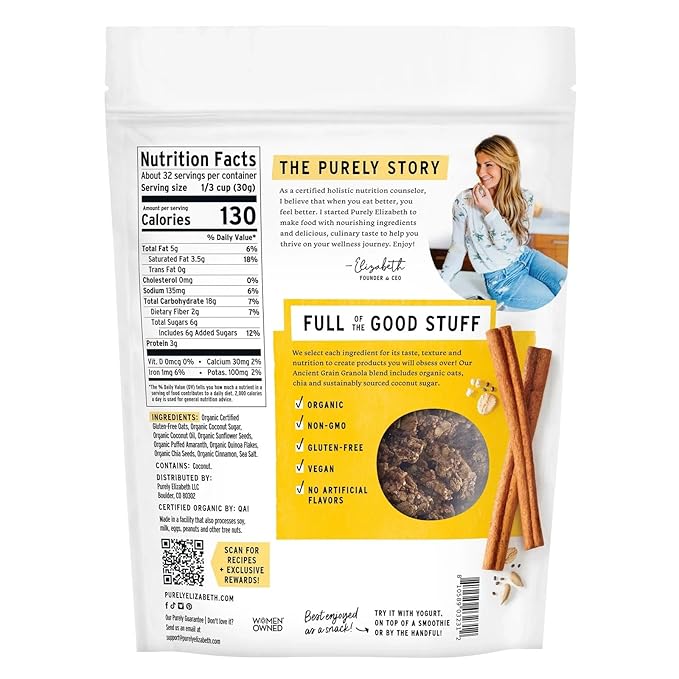 Purely Elizabeth Organic Original Salty-Sweet Granola – 34 oz – Gluten Free Non GMO and Vegan – Made with Quinoa Amaranth and Chia Seeds