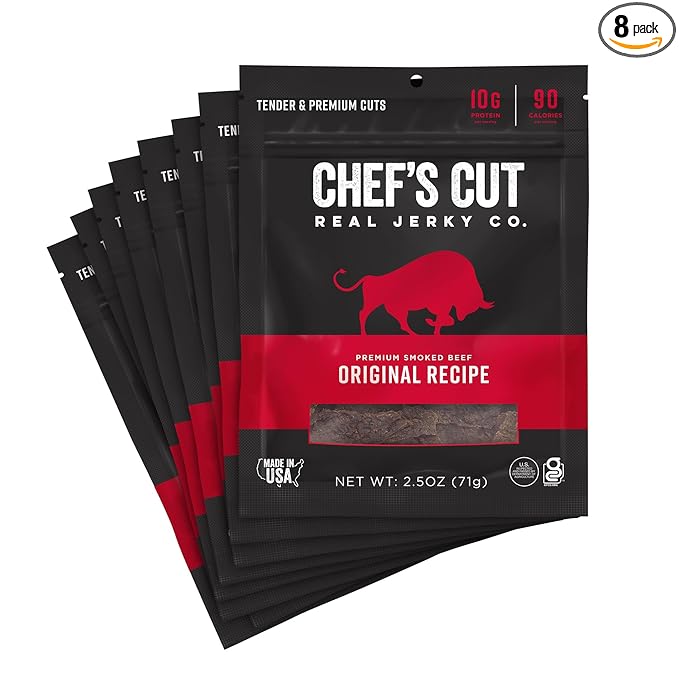 Chef’s Cut Real Beef Jerky | High Protein Meat Snack with 10g Protein &amp 90 Calories Gluten Free Keto-Friendly Premium Lean Smoked Beef | Original Recipe | 2.5 oz (Pack of 8)
