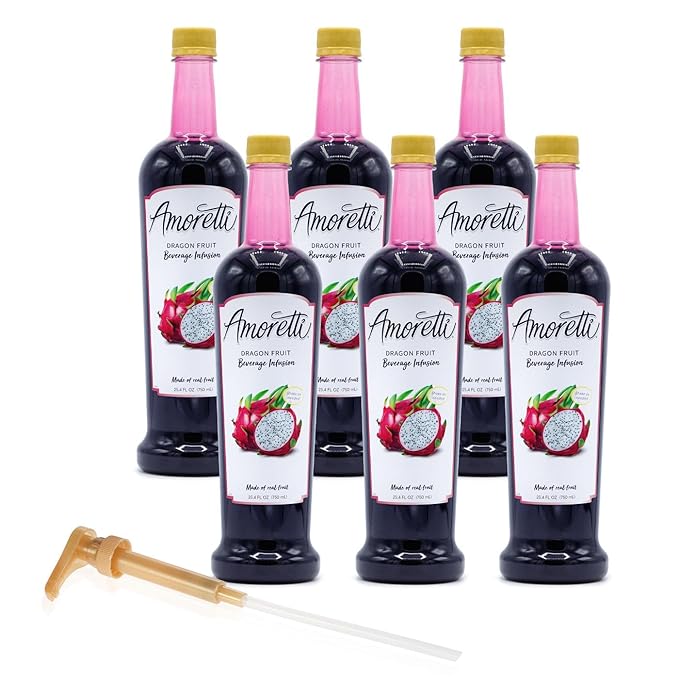 Amoretti - Dragon Fruit Beverage Infusion 94 Servings Per Bottle (750 ml) - Drink Mix &amp Water Enhancer with Pump for Flavoring Cocktails Waters Teas and other Beverages Preservative Free