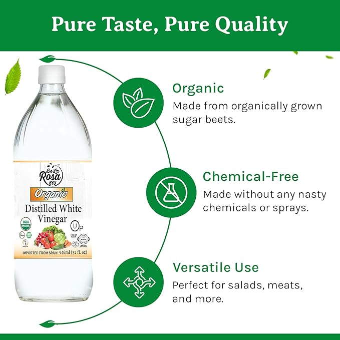 De La Rosa Organic Distilled White Vinegar White Vinegar Raw &amp Unfiltered Kosher for Passover Vegan &amp Gluten Free Great for Salad Dressing Marinades 32 Oz (Pack of 2)
