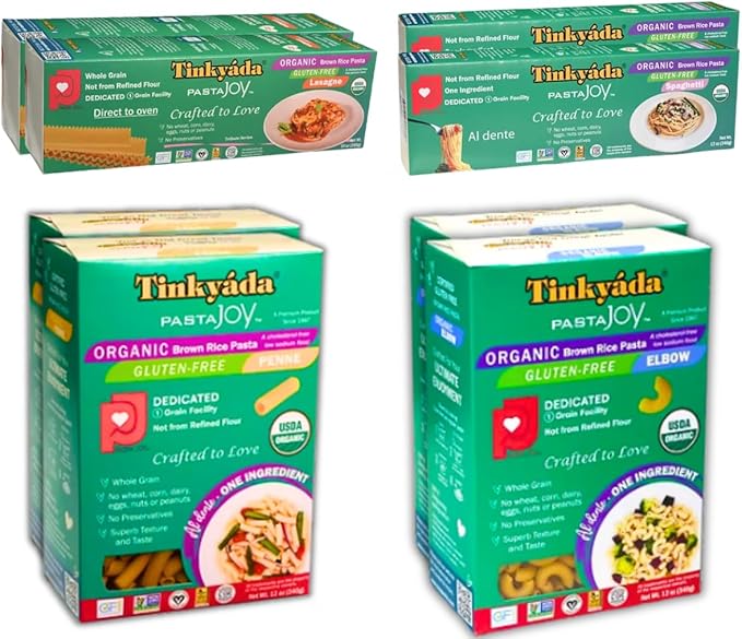 Tinkyada Organic Gluten-Free Brown Rice Pasta Variety Pack 8 Pack – Elbow Spaghetti Lasagne &amp Penne – Certified Organic Wheat-Free Made from Brown Rice