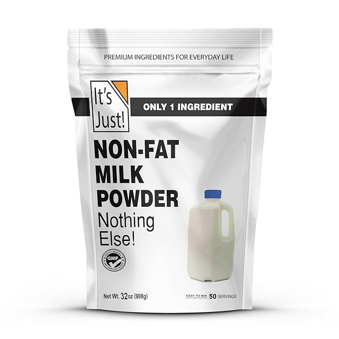 It's Just - Powdered Non-Fat (Skim) Milk rBST/rBGH Hormone Free Shelf Stable Just Add Water Makes Over 1.5 Gallon Milk 2 Pound Milk Powder