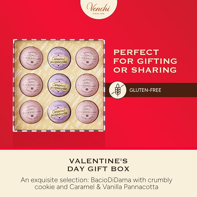 Venchi - Giftbox with 9 Milk Chocolate BacioDiDama and Caramel Pannacotta Pralines 5.5 Oz Gluten-Free No Artificial Colours and Preservatives Mother's Day Gift Idea