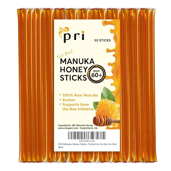 P.R.I Manuka Honey Sticks Certified MGO 60+ Raw New Zealand Manuka Honey Perfect for On-the-Go 50 count