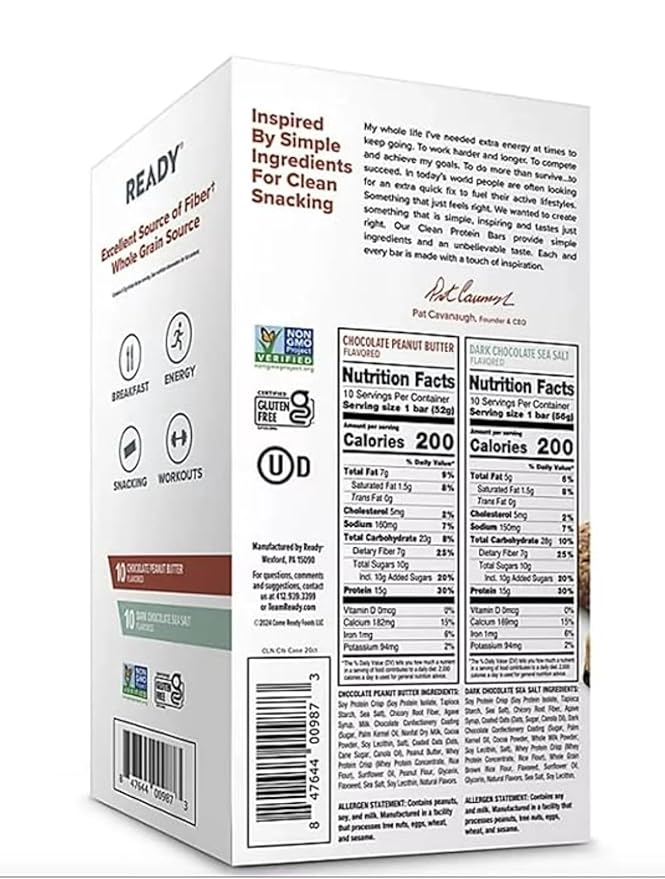 Ready Clean Protein Bars Variety Pack Chocolate Peanut Butter and Dark Chocolate Sea Salt 20 Count 15g Protein