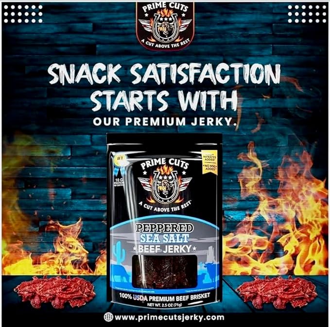 Prime Cuts Peppered Sea Salt Beef Jerky | USDA Prime Brisket | Classic Black Pepper and Sea Salt Flavor | High-Protein Low-Fat Snack | No Artificial Ingredients | Perfect Anytime