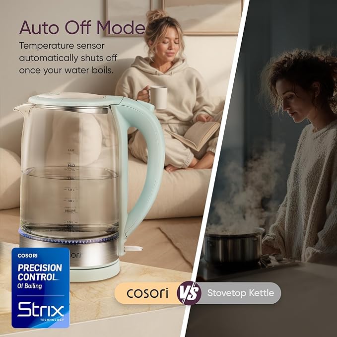Cosori Electric Kettle No Plastic Contact With Water Wide Mouth For Easy Cleaning Auto Shut Off 1.7L Tea Kettle &amp Hot Water Boiler Water Heater &amp Teapot Borosilicate Glass Green 1500W