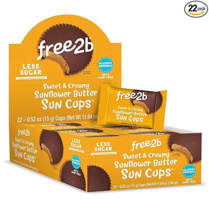 Free2b Sunflower Butter Sun Cups Safe for School and Allergy Friendly Gluten-Free Dairy-Free Nut-Free and Soy-Free Sweet and Creamy Cups 1-Cup Packages (Pack of 22)
