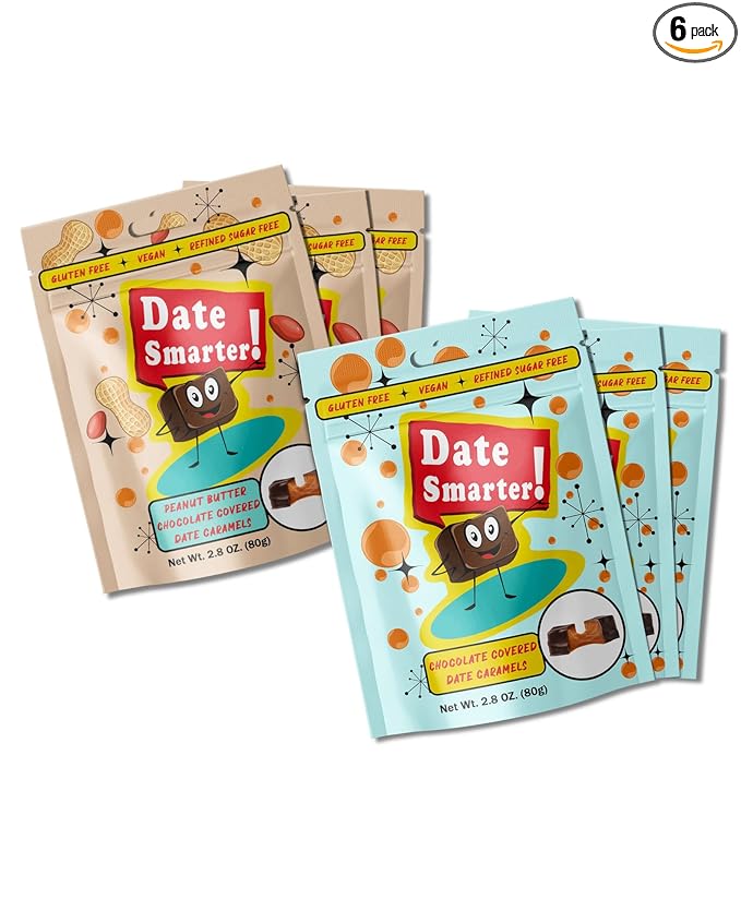 Date Smarter Chocolate &amp Peanut Butter Date Caramels Variety Pack - Naturally Sweetened with Real Dates - Vegan Gluten-Free Dairy-Free Refined Sugar-Free Plant-Based Snack Bites - 2.8 oz 6 Pa