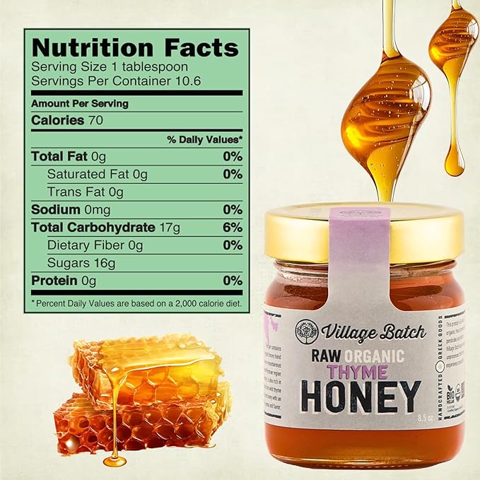 Village Batch Raw Organic Thyme Honey 8.5oz (Pack of 1) Jar from Mycenae Unheated and Unpasteurized Greek-Honey Light Amber Rich Flavor and Intense Floral Aroma