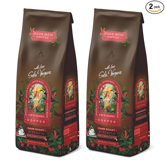 Dios Mio Coffee by Sofia Vergara Dark Roast Whole Bean Premium Colombian Coffee 12 Ounce Bag (Pack of 2)