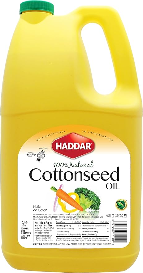 Haddar Pure Cottonseed Oil 96oz | Easy Pour Bottle with Handle No Cholesterol or Preservatives Perfect for Frying