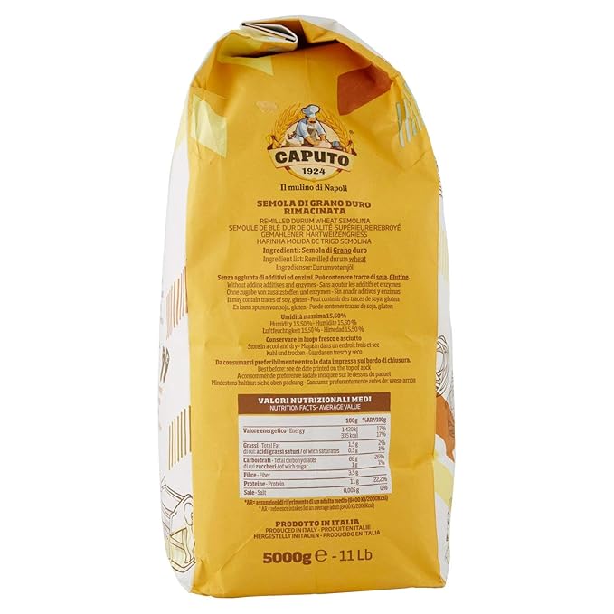 Antimo Caputo Semolina Wheat Flour 11 LB Bag Bulk (5 Kg) - Italian Durum Semola Di Grano - All Natural Dough for Fresh Pasta